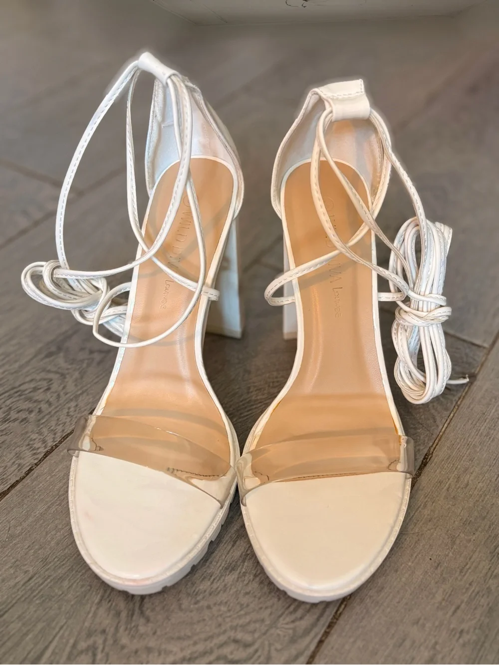 Sexy White Lace-Up Clear Strap Block Heel Sandals - Women Size 8